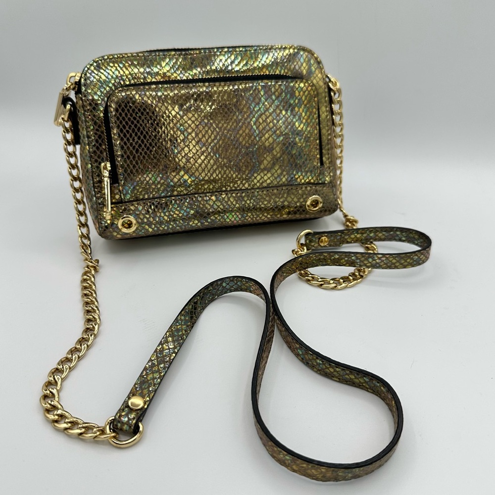 Milly Metallic Iridescent Gold Mini Crossbody Snakeskin Party Bag Chain Strap